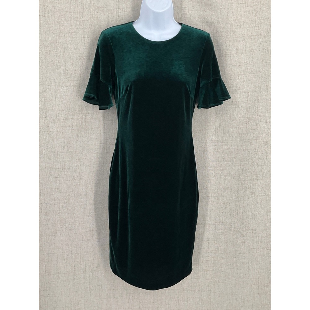 Calvin Klein Sheath Dress Women‎ 4 Green Velvet Ruffle Sleeve Holiday Cocktail